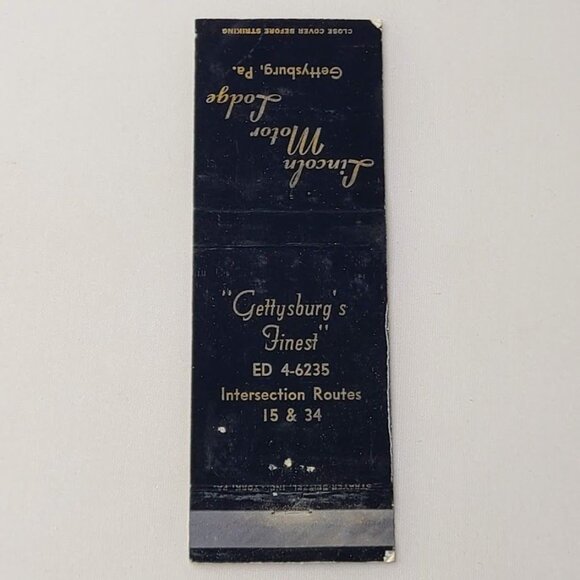 Front Strike Matchbook Cover Lincoln Motor Lodge Gettysburg PA Pennsylvania - Picture 4 of 5